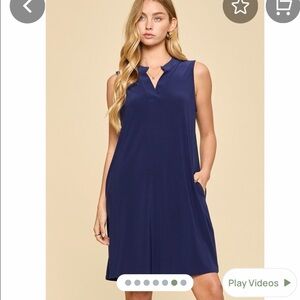Sleeveless Navy V-Notch Shift Dress with Pockets- Dear Scarlett